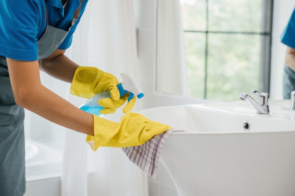 Person cleaning bathroom sink with spray.