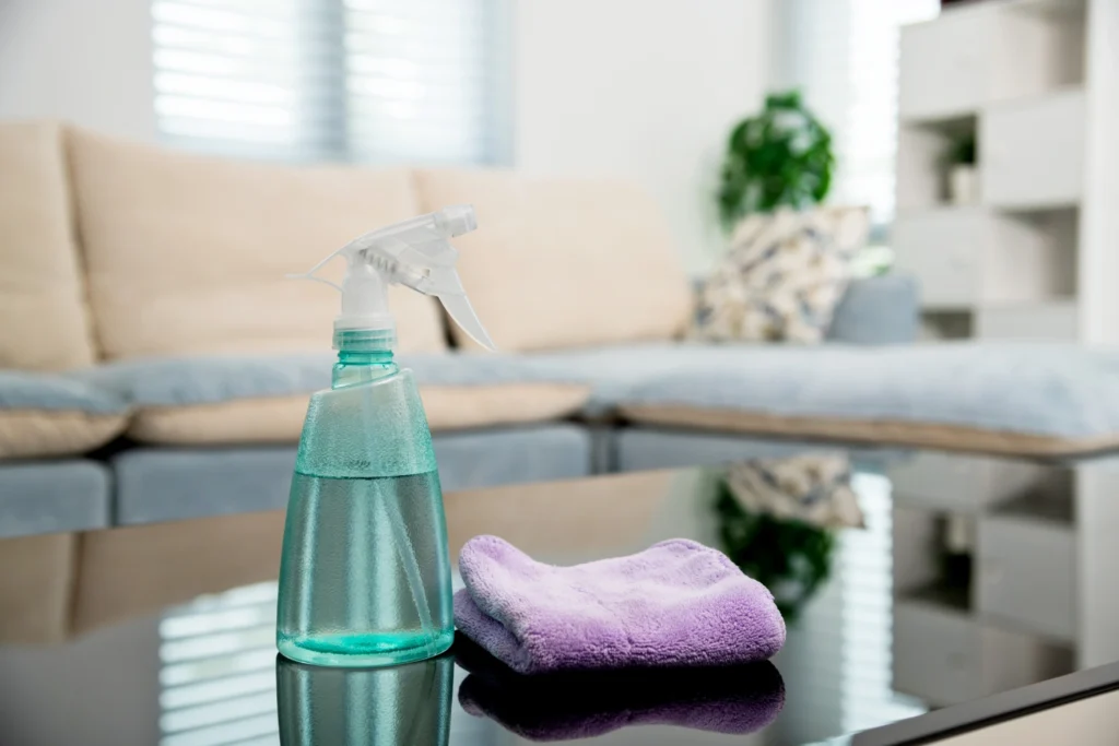 Cleaning spray bottle and microfiber cloth.